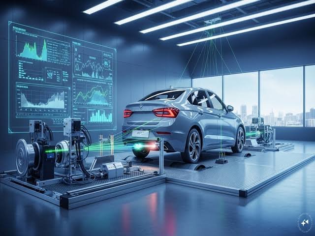 Vehicle undergoing professional automotive inspection